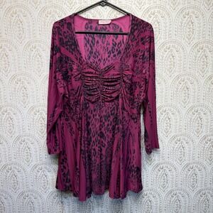 Pretty Woman Tunic Top Womens 2XL Magenta Leopard Animal Print Ruched V-Neck